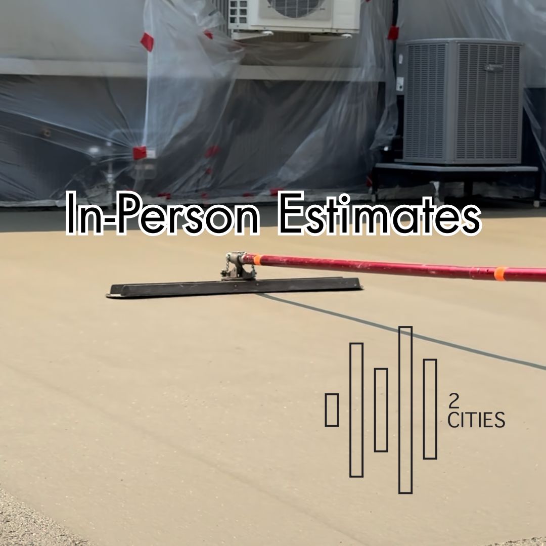 Concrete surface with a squeegee and text overlay about in-person estimates for two cities.